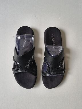 Aerosoles Black Faux Leather Sandals | Padded Footbed | Open Toe Slides 7.5